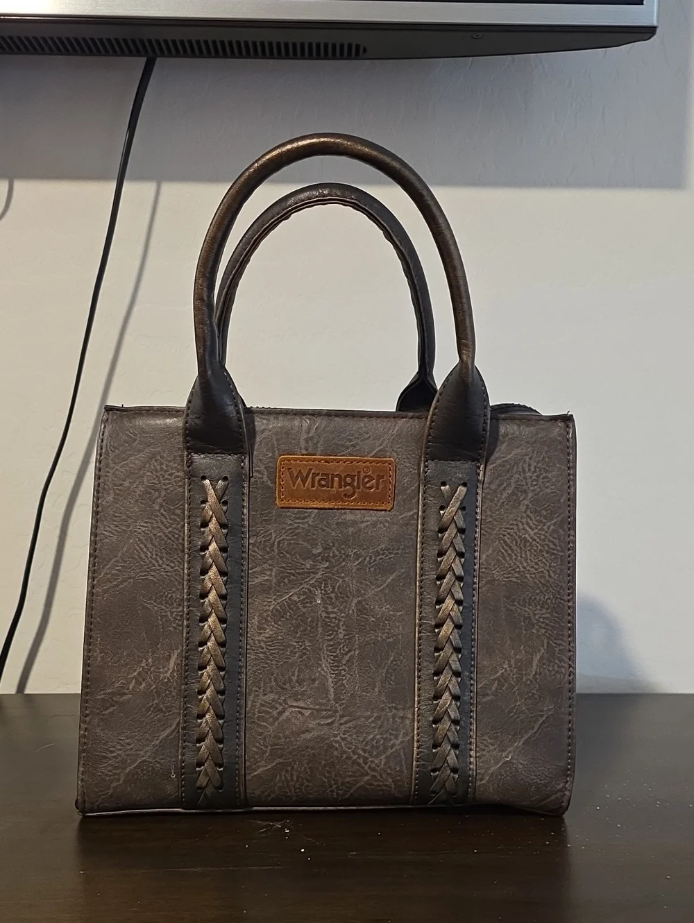 Wrangler Dark Brown Faux Leather Satchel with Braided Trim